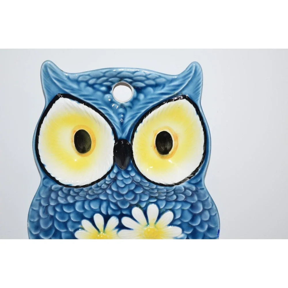Vtg MCM Ceramic Owl with Retro Flower Spoon Rest Wall Hanging Blue yellow